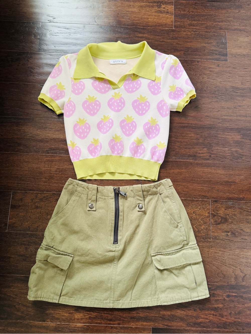 Strawberry Knit Polo Top + Cargo Mini Skirt Set